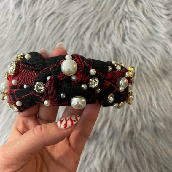 Red Plaid Headband with Pearls and Gems - Picture 4 of 9